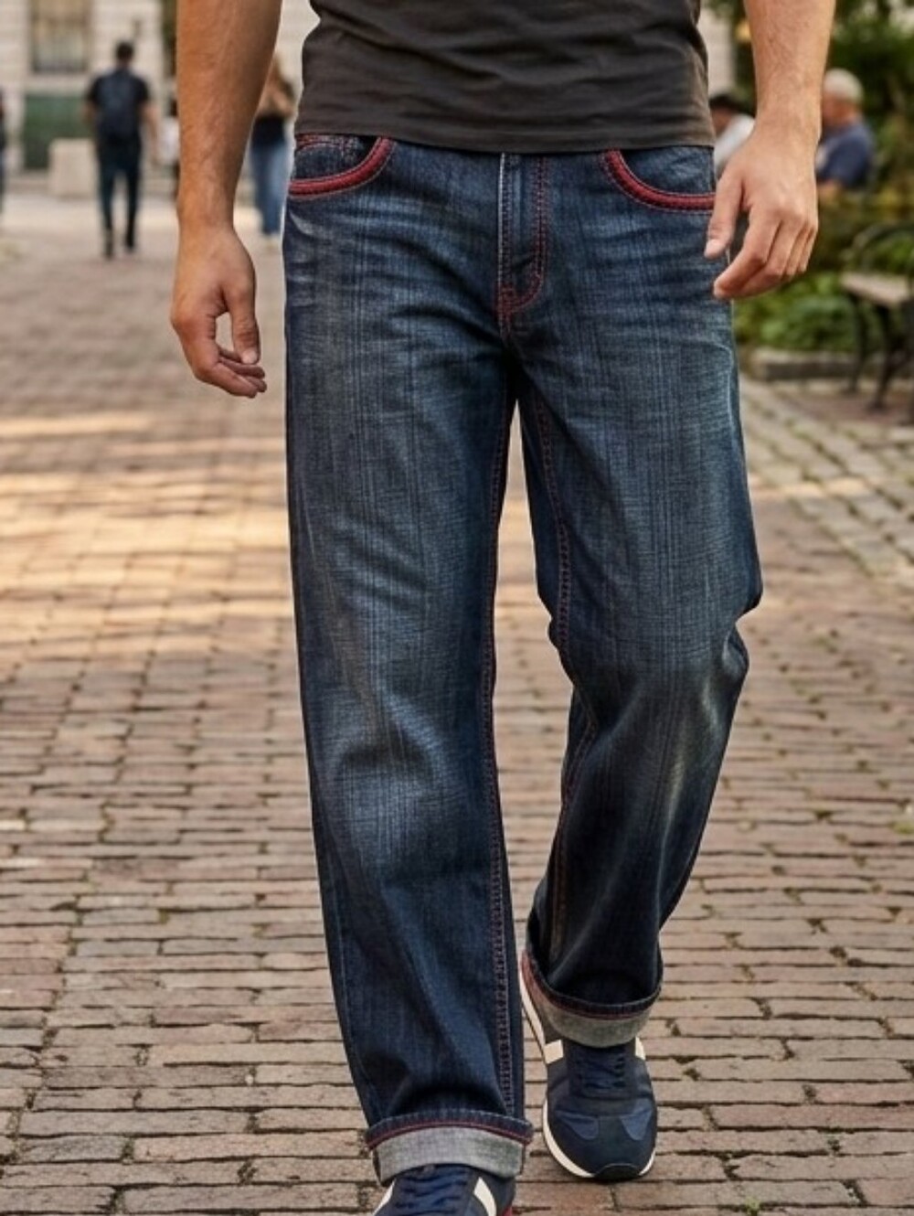 BASIC CODE-Men's Dark Blue Jeans with Red Trim